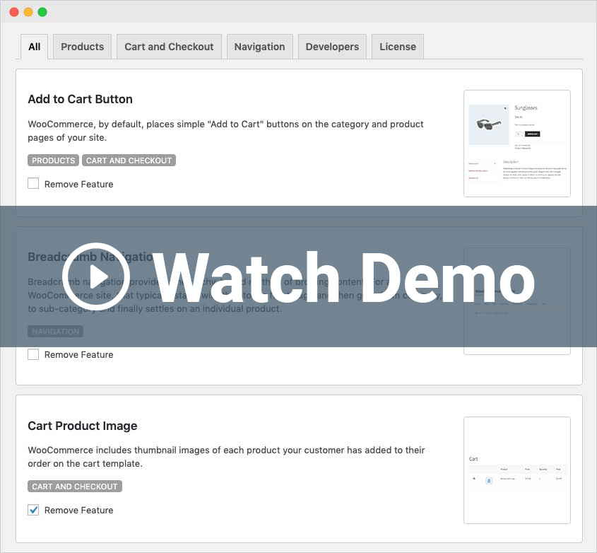 Watch a Remove WooCommerce Features Demo