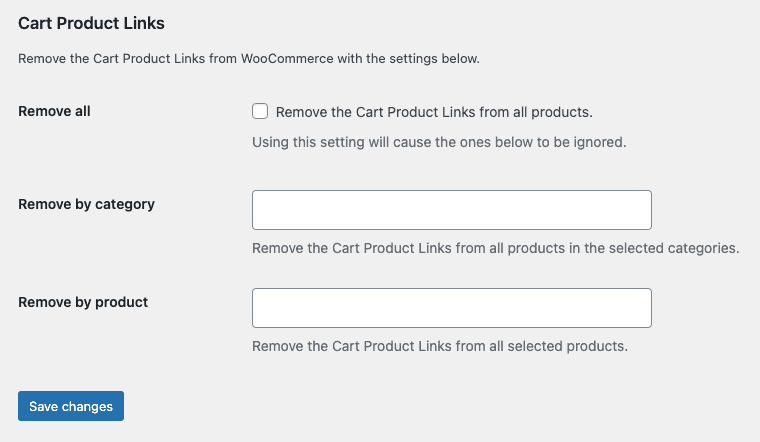 Screenshot of RWF Cart Product Links Plugin's Settings