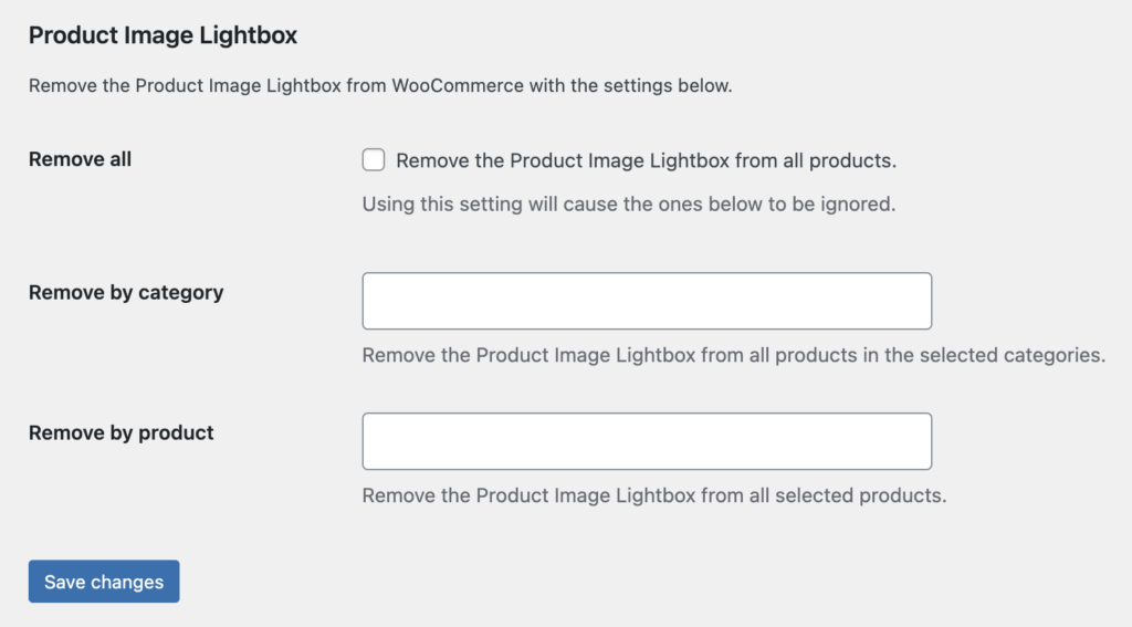 Screenshot of RWF Product Image Lightbox Plugin's Settings