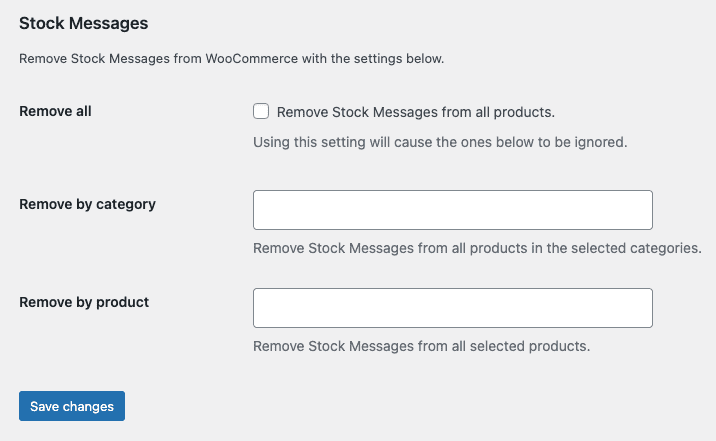 Screenshot of RWF Stock Messages Plugin's Settings