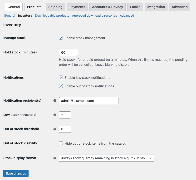 WooCommerce Inventory Settings Screenshot