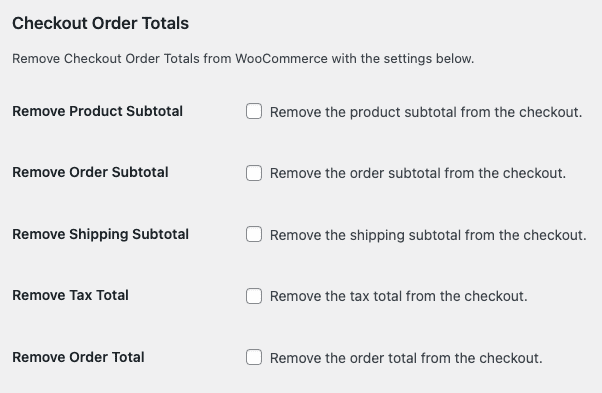 Screenshot of RWF Checkout Order Totals Plugin's Settings